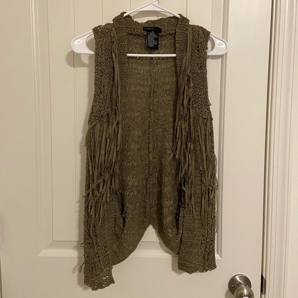 EUC Press women’s khaki green tassel knit‎ fringe vest large